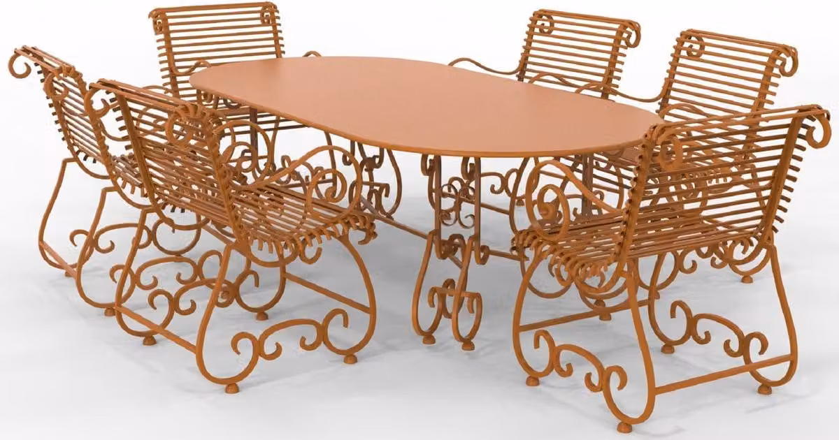 Casa Padrino Set di mobili da giardino in ferro battuto liberty - Vari colori - 1 tavolo ovale e 6 sedie da giardino con braccioli - Mobili da giardino e da giardino in ferro battuto liberty