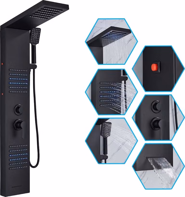 Pannello doccia a LED, design a doppia maniglia, montaggio a parete, nero opaco 6004
