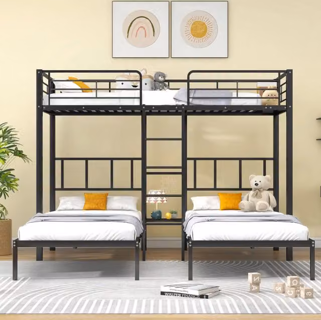 Letto a castello triplo 90x200 cm nero in metallo con scala e tavolino