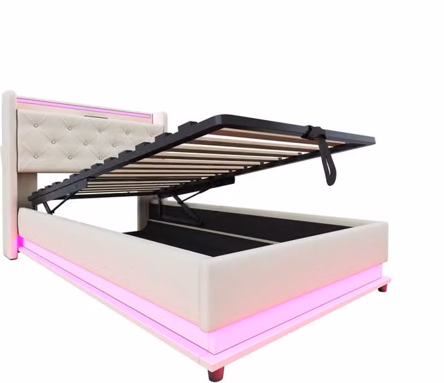 Letto singolo imbottito bambini 90x200 cm con luci a LED colorate, prese USB, contenitore idraulico e testiera apribile in lino beige