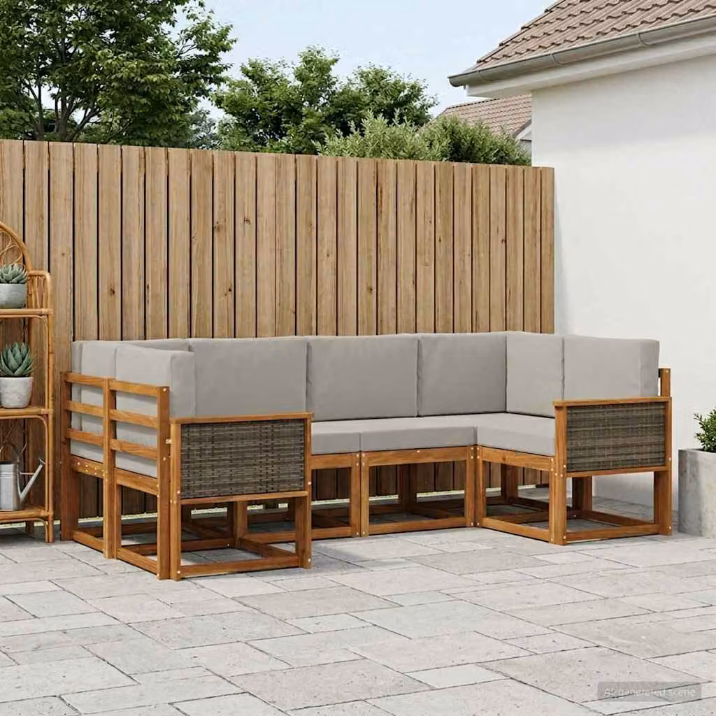 Set di divani da esterno vidaXL a forma di L composto da 6 pezzi in legno di acacia con cuscini in tessuto, colore marrone e grigio chiaro