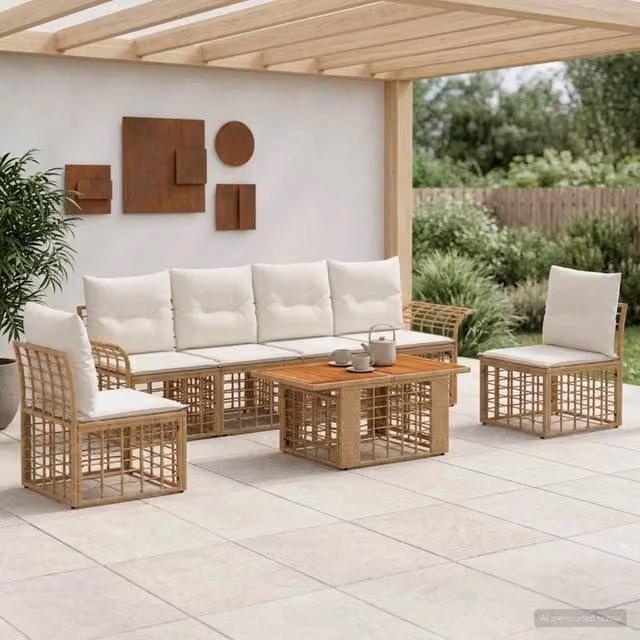 Set Divano da Giardino vidaXL in Polyrattan 7 Pezzi con Cuscini Beige e Bianco Crema