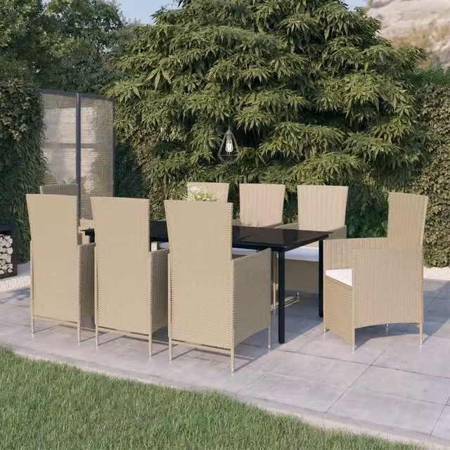 Set da pranzo da giardino vidaXL in polyrattan con tavolo in vetro e 9 pezzi con cuscini beige, nero e bianco