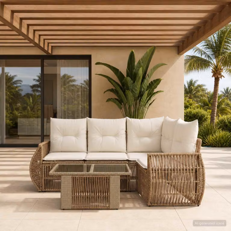 Set Divano da Giardino vidaXL 5 Pezzi in Polyrattan Beige e Bianco Crema con Tavolino e Cuscini