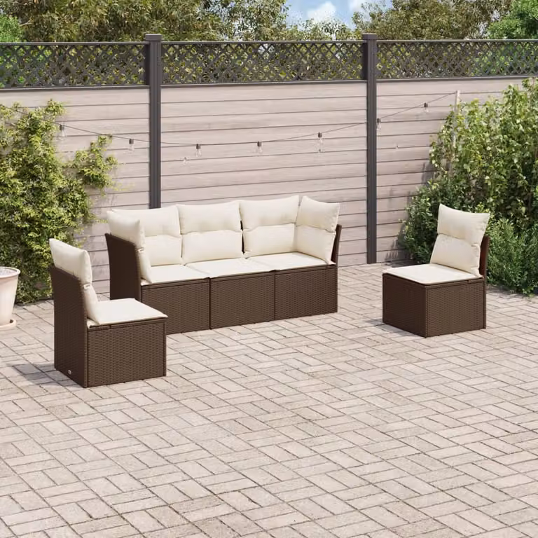 vidaXL Set Divano da Giardino a L 5 pz in Polyrattan Marrone con Cuscini Imbottiti e Rivestimenti Rimovibili