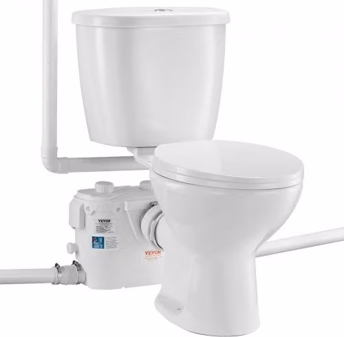 VEVOR Sistema di Triturazione per WC con Pompa da 500 W, Scarico Posteriore e Verso l'Alto per Seminterrato, Kit in Plastica Bianca con Doppio Scarico