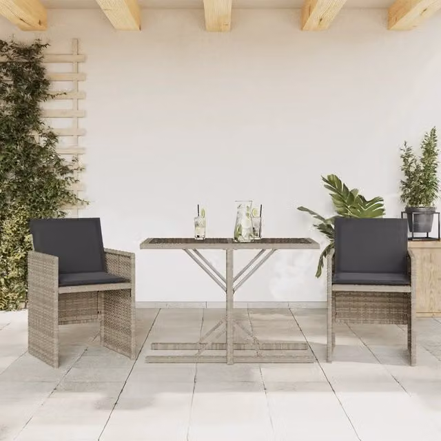Set da Bistrò vidaXL in Polyrattan con Piano in Vetro e Cuscini, Grigio Antracite – 1