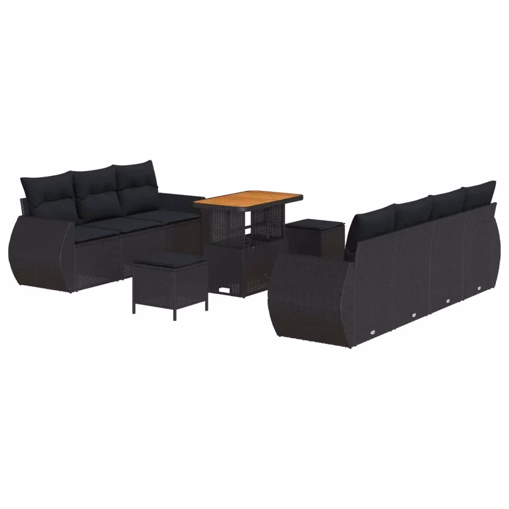 Set Divano da Giardino vidaXL in Polyrattan Nero con 10 Cuscini, Tavolino e Pouf – 2