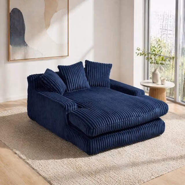 Divano da pavimento 125x155x63 cm blu navy, 3 cuscini, tessuto cord, senza montaggio