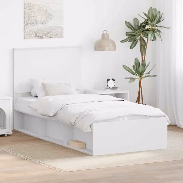 Struttura letto con giroletto e rete in pino massello bianco L/P/H: 200 x 100 x 103 cm