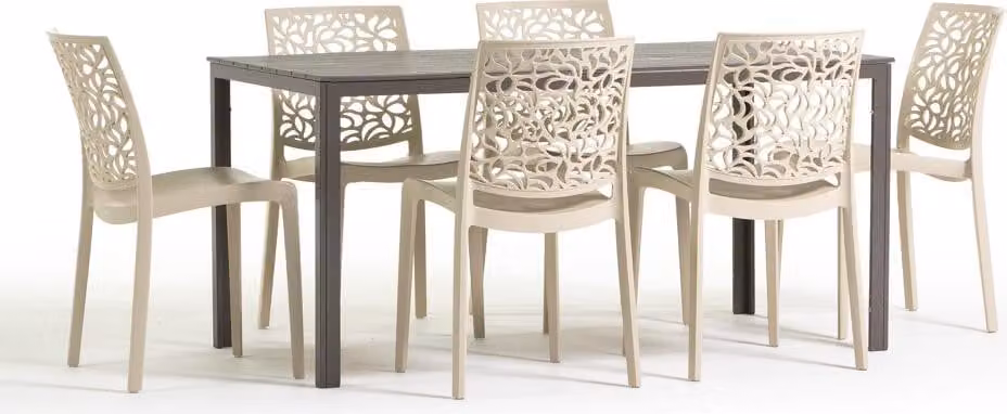 Set da pranzo per esterni con tavolo rettangolare 156x78 cm e 6 sedie impilabili in resina rinforzata con fibra di vetro - design moderno in look legno, ideale per giardino, terrazza e aree esterne coperte - THOMAS+ANNA - crema/tortora