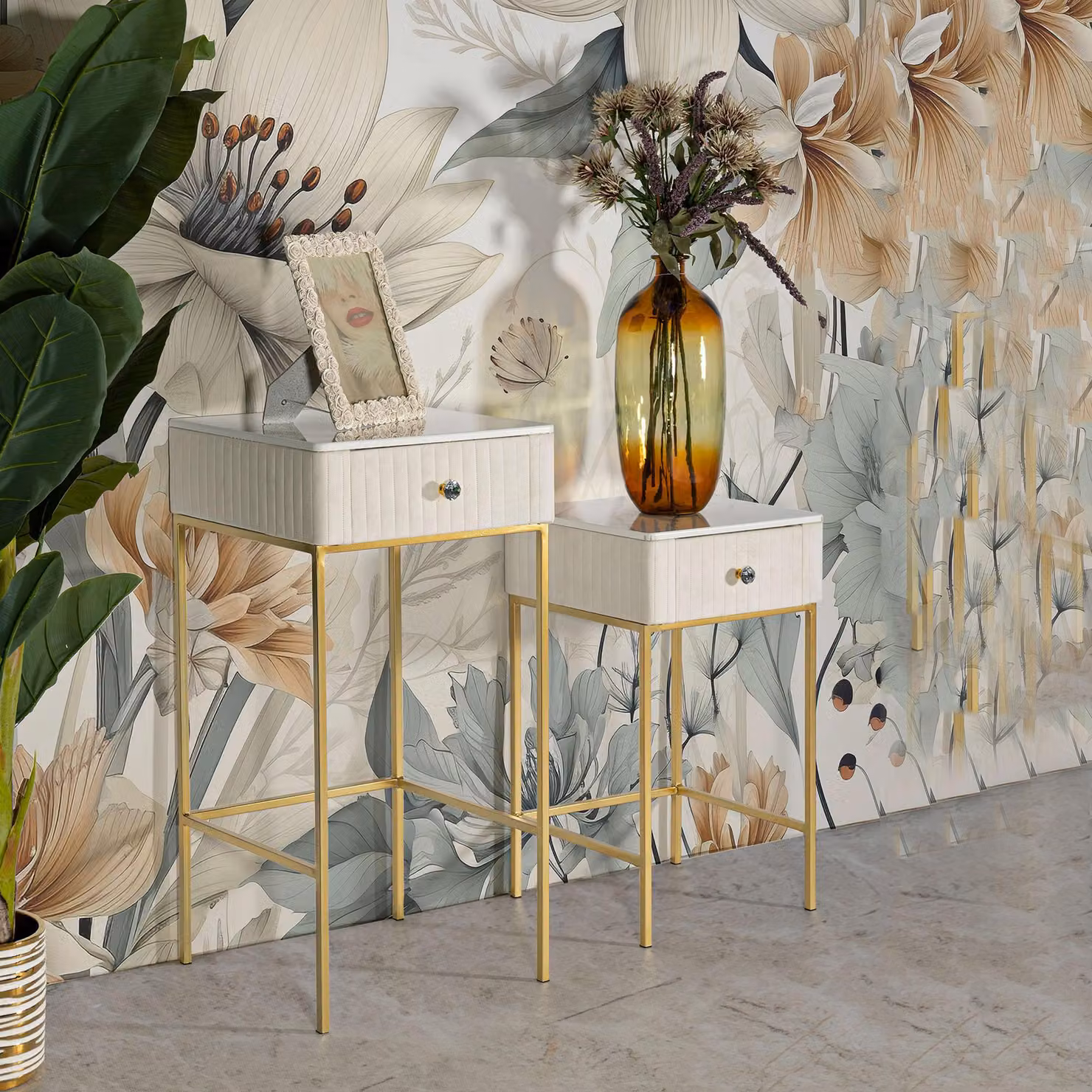 Dava - Tavolino da Salotto, 45x45x90h cm Bianco Crema, 2 Cassetti