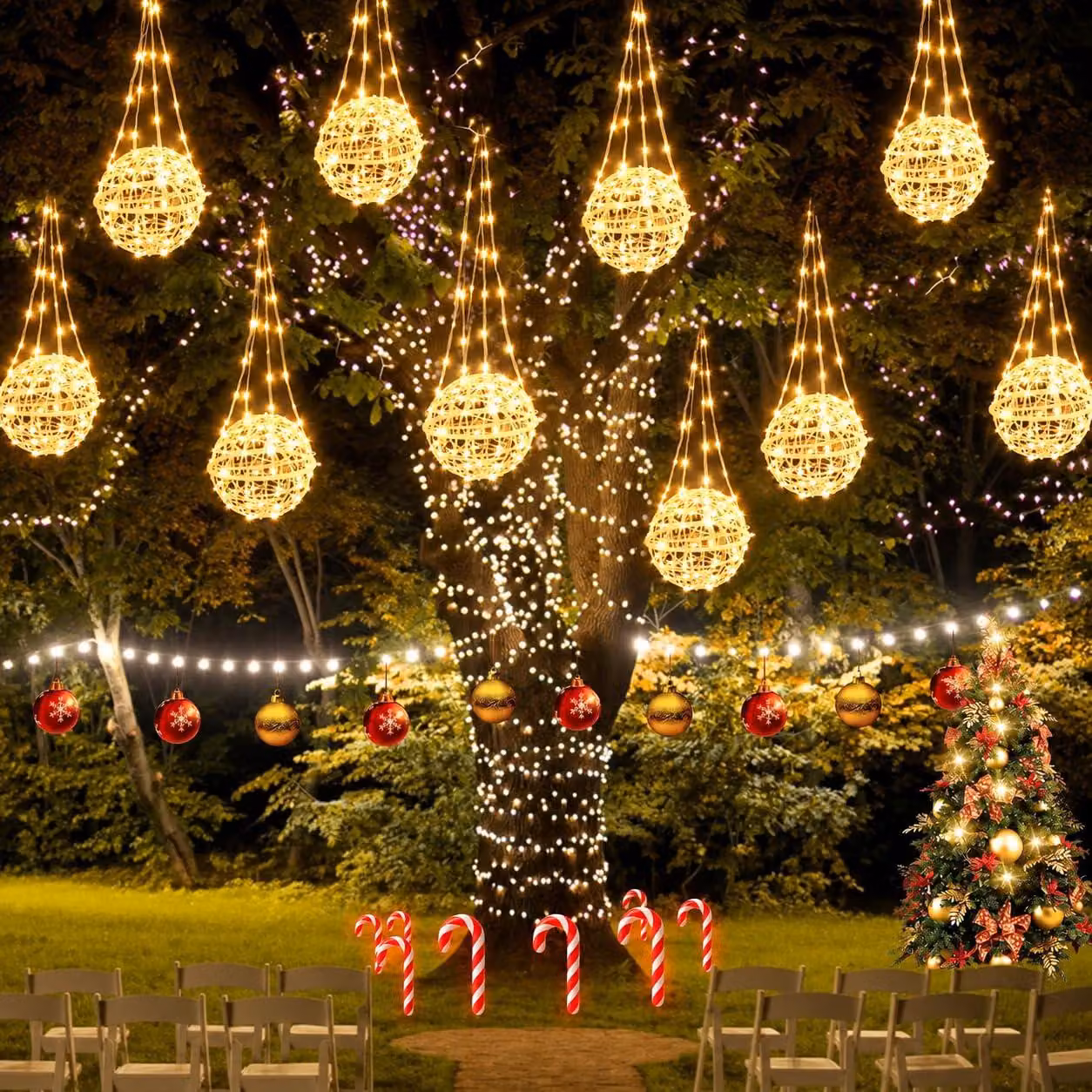 Set di 4 sfere luminose a LED, diametro 18 cm, luce bianco caldo, con telecomando