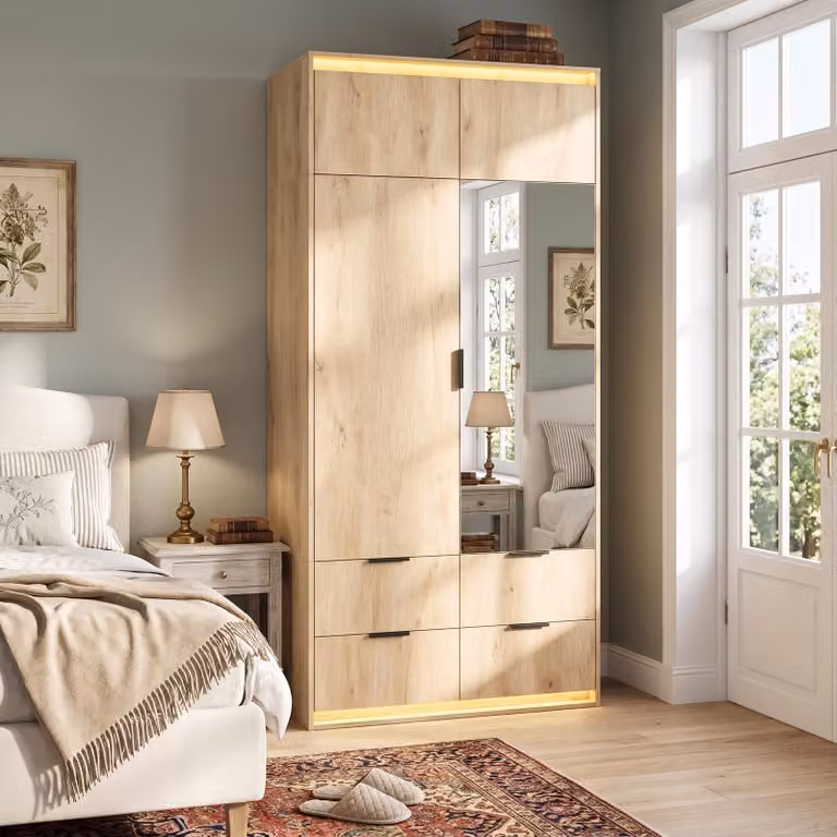 Armadio con asta appendiabiti, cabina armadio con illuminazione a LED e cassetti, mobile alto con specchio e vani portaoggetti, dimensioni 90x47x200 cm, colore naturale, materiale: legno