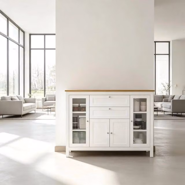 Mobile contenitore moderno, credenza versatile con ripiani regolabili e ante in vetro, elegante mobile soggiorno con frontali in vetro (solo mobile soggiorno)