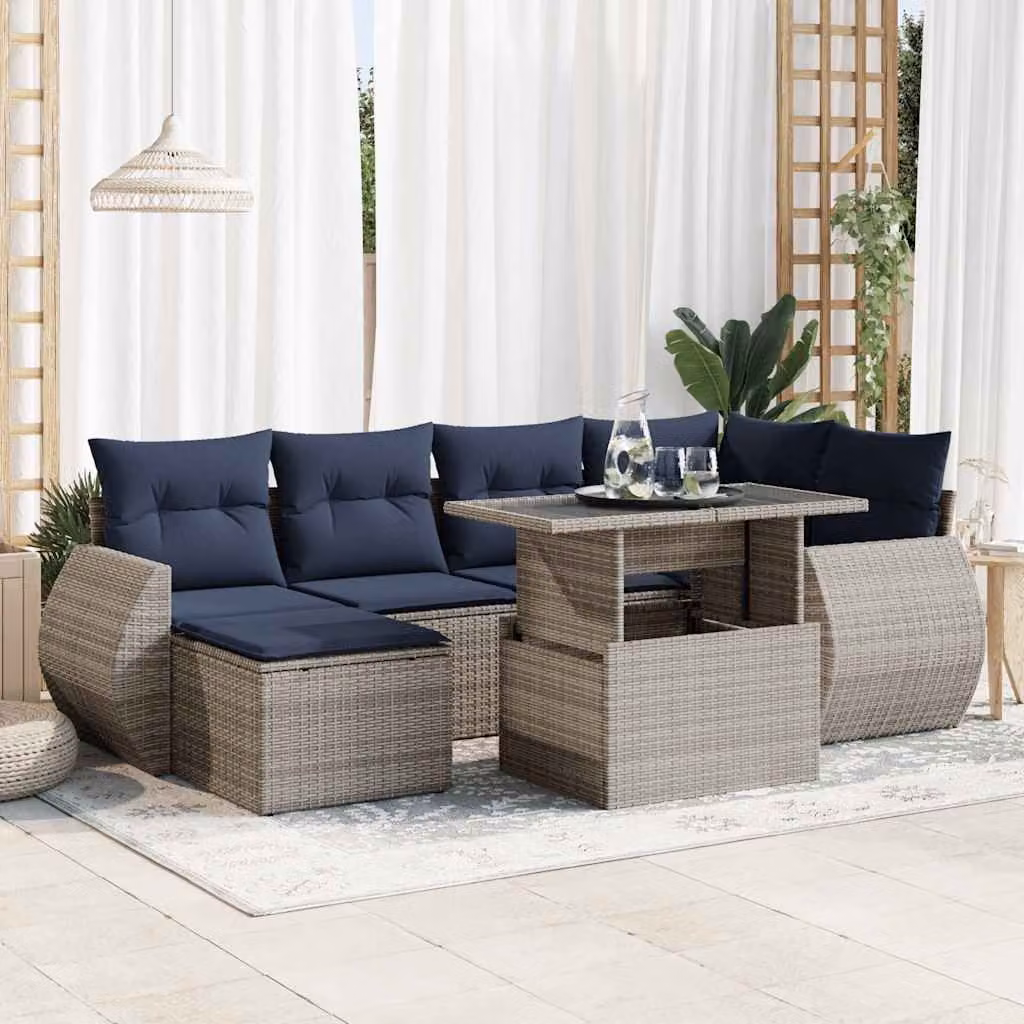 Set da giardino vidaXL in polyrattan e legno di acacia composto da 7 pezzi con cuscini grigi e blu e tavolino da esterno