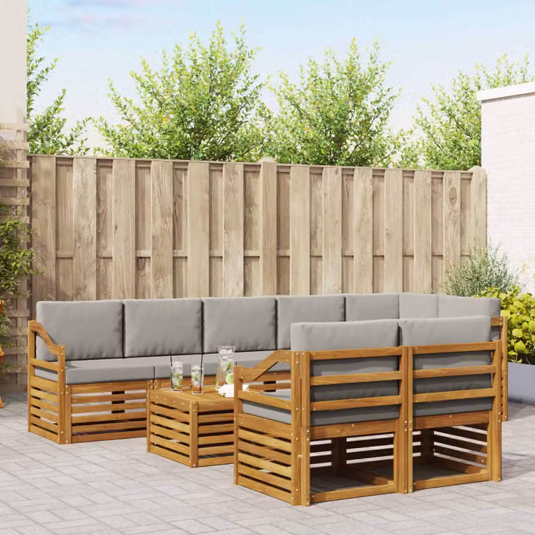 vidaXL Set di divani da esterno a forma di U composto da 9 pezzi in legno di acacia con cuscini Grigio e Bianco