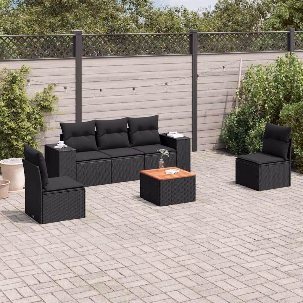 vidaXL Set Divano da Giardino 6 pz in Polyrattan Nero con Cuscini e Tavolino da Caffè – 1