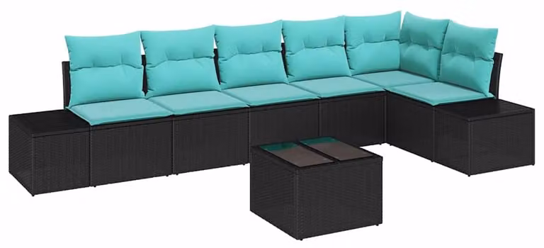 Set di divani da giardino con spazio contenitore, colore nero e turchese, in rattan sintetico