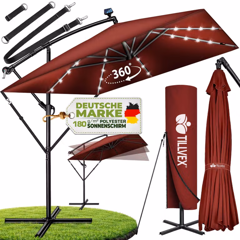tillvex® Parasole rettangolare in alluminio, diametro 330 cm, con luci LED solari rosse + copertura con manovella | Parasole a gondola con supporto | Parasole da giardino con protezione UV, impermeabile, rotazione a 360° | Parasole con manovella, ideale p
