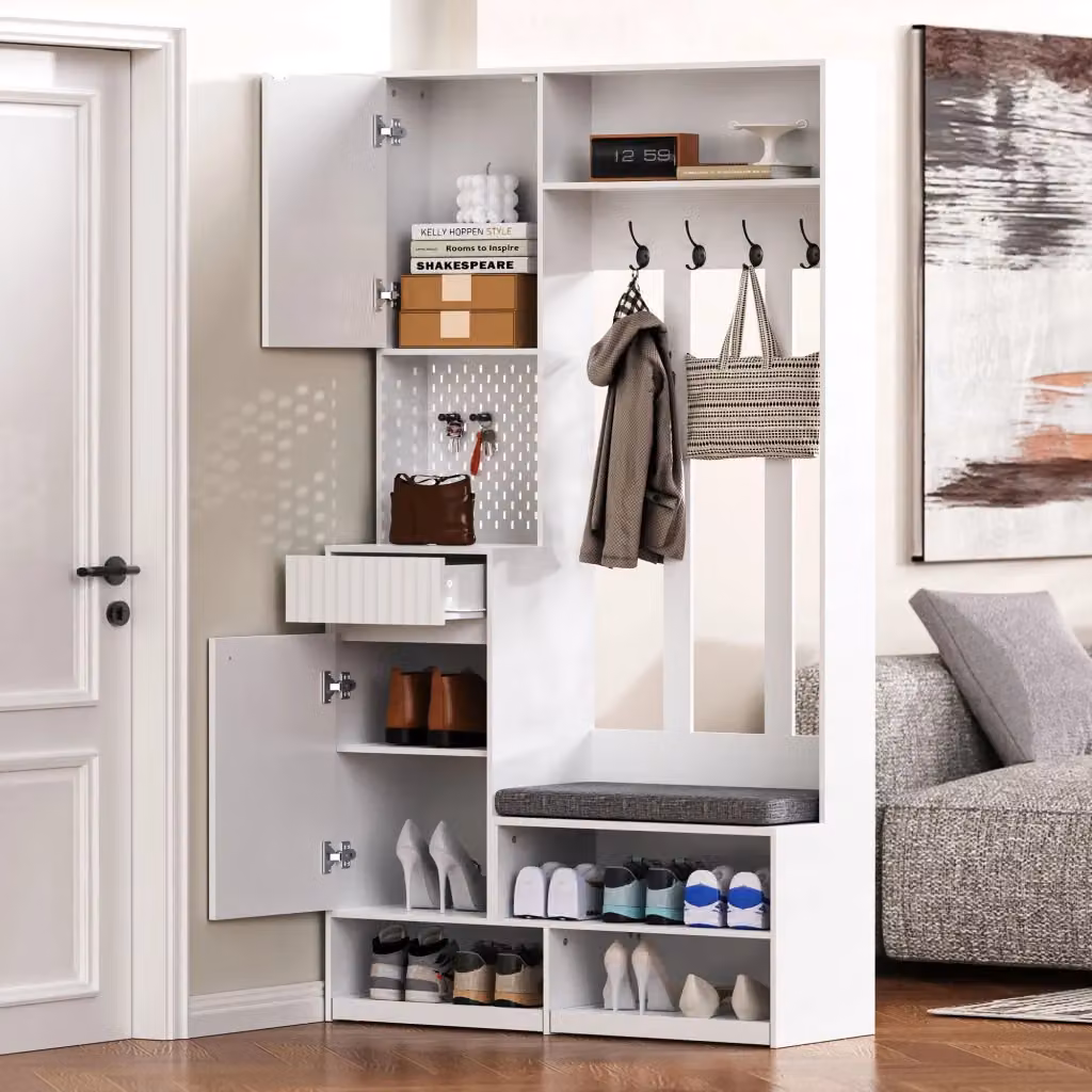 Mobile da ingresso 6 in 1 FOLYNA con panca imbottita, 2 cassetti, 4 ganci e pannello forato in MDF bianco, L: 100 cm, P: 35 cm, H: 180 cm – 2