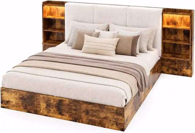 Letto contenitore matrimoniale moderno in tessuto marrone con illuminazione sottostante e testiera imbottita L/P: 180 x 200 cm – 1