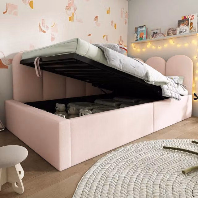 Divano letto L-forma REDOM in velluto rosa con contenitore, L/P/H: 190 x 90 x 37 cm
