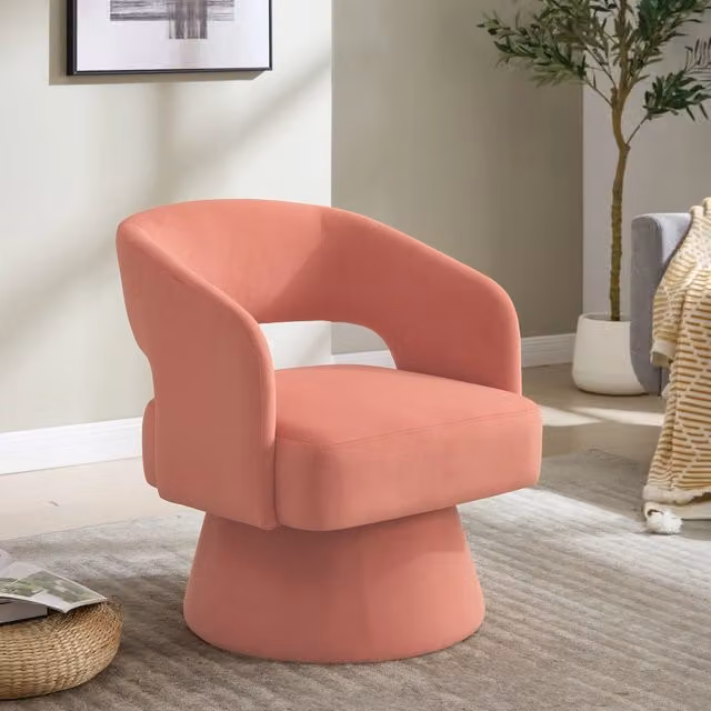 Poltrona Girevole Minimal in Velluto Rosa con Schienale Aperto e Base in Metallo