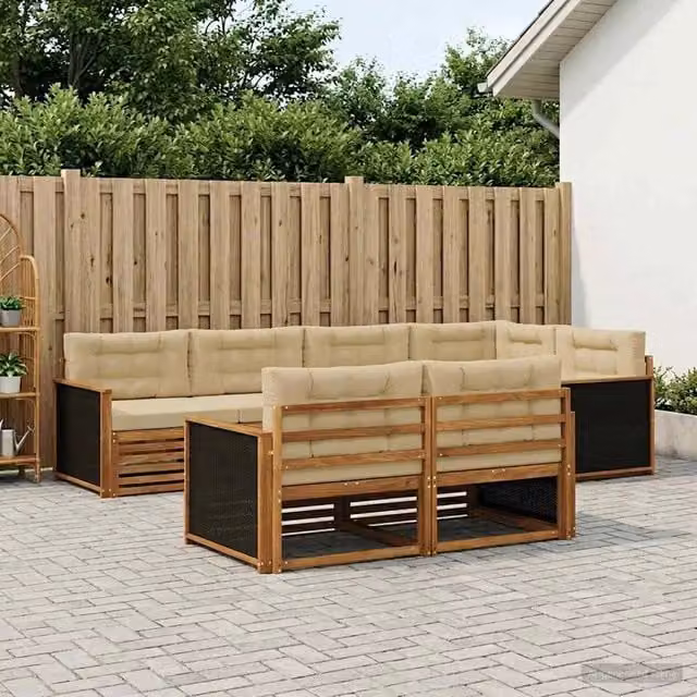 Set di divani da esterno a forma di U vidaXL in legno di acacia marrone e beige con cuscini inclusi – 1
