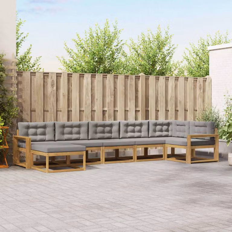 Set di divani da esterno vidaXL a forma di L in legno di acacia con cuscini, Bianco, Grigio e Marrone