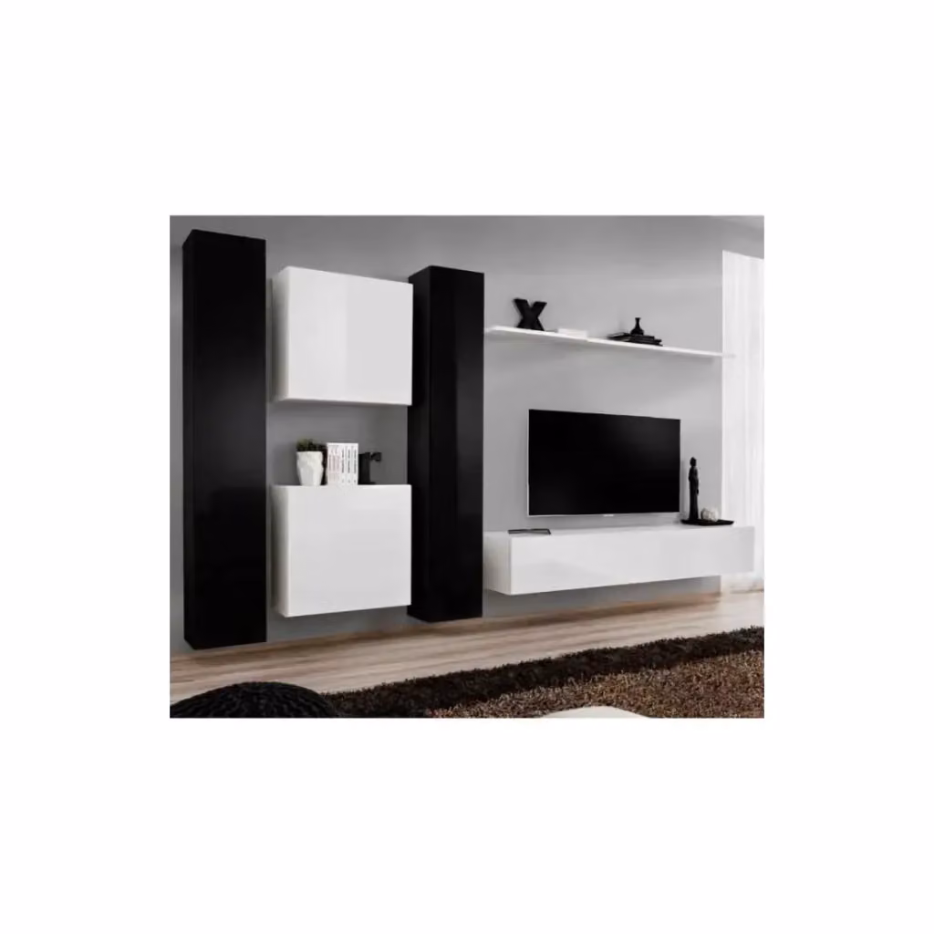 Composizione murale sospesa SWITCH VI Meublorama per mobile TV bianco e nero lucido con lowboard, unità alta e scaffale aperto, design moderno – 2