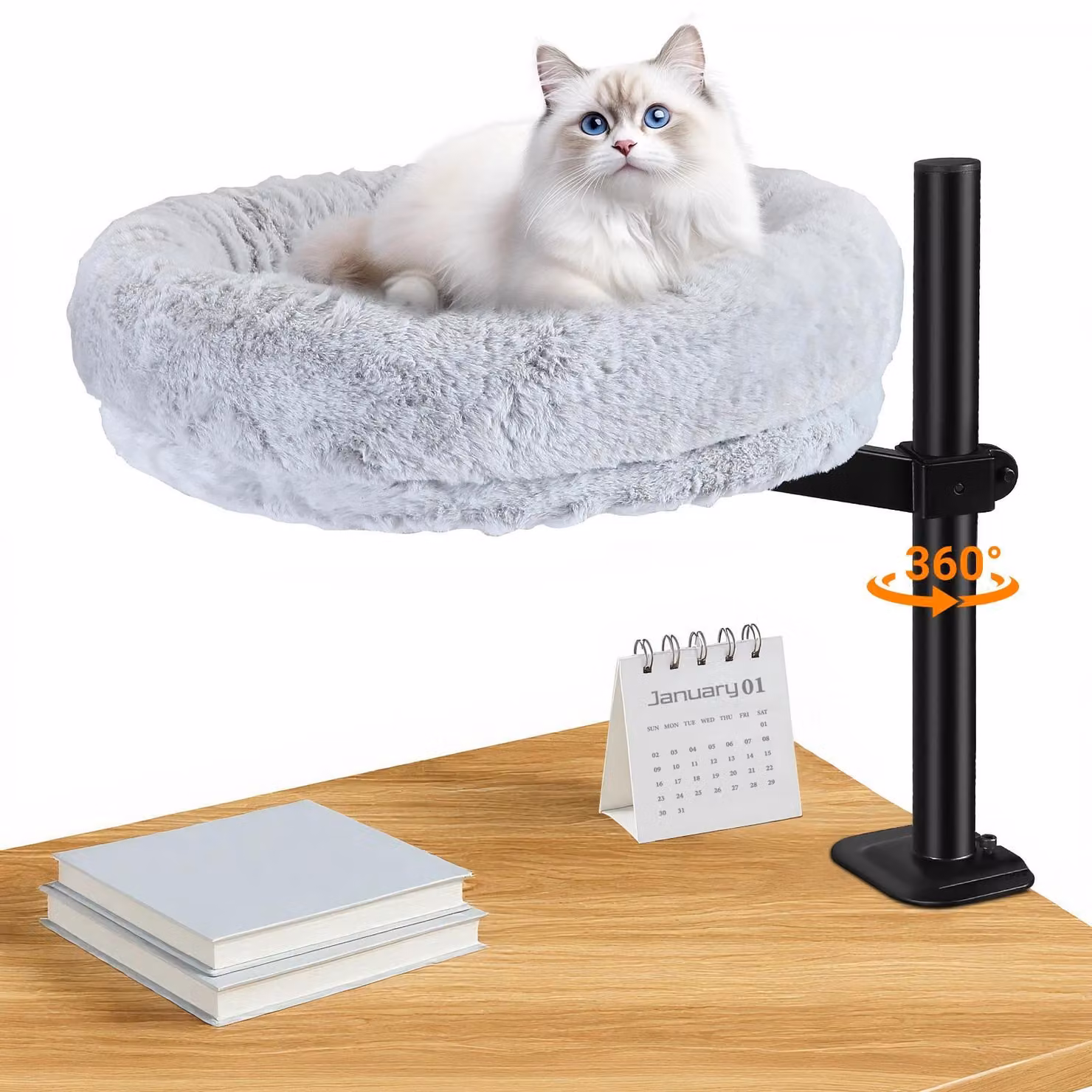 Letto-scrivania per gatti - Amaca per gatti - Supporto girevole a 360° - Cesto regolabile - Letto in peluche morbido per gatti domestici - Grigio