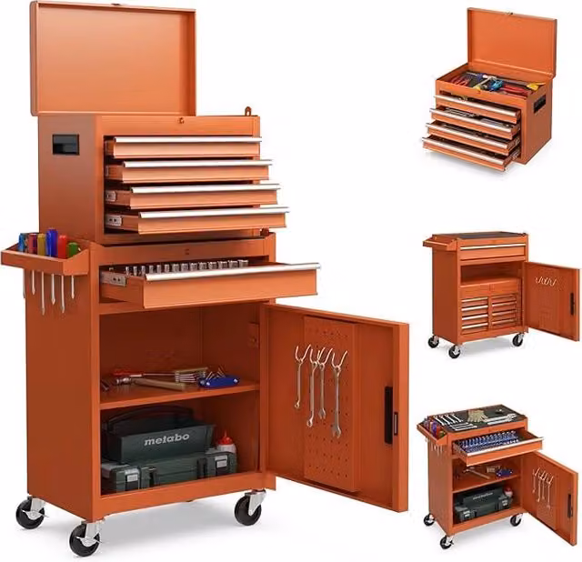 Cassettiera Portautensili FDS Gmbh con 4 Cassetti, Carrello per Attrezzi in Metallo con Ruote Bloccabili e Ripiano Regolabile, Arancione, L: 59 cm, P: 28 cm, H: 102 cm
