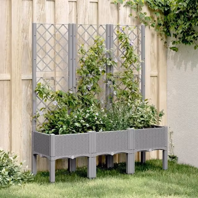 Fioriera da giardino con traliccio per piante rampicanti Design Mania, colore grigio chiaro, L 120 cm x P 40 cm x H 142 cm