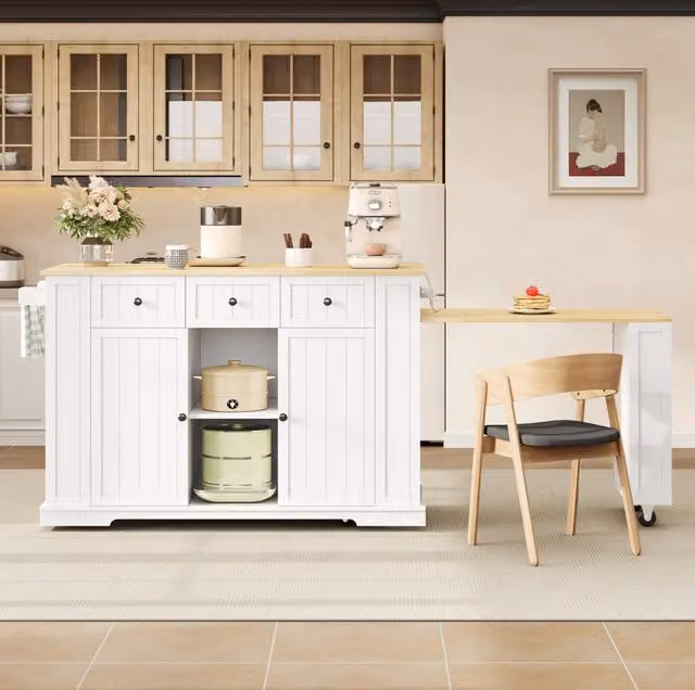 Isola cucina mobile con tavolo estraibile; prese USB e 2 porte; MDF bianco/naturale 138(213)x55x93 cm