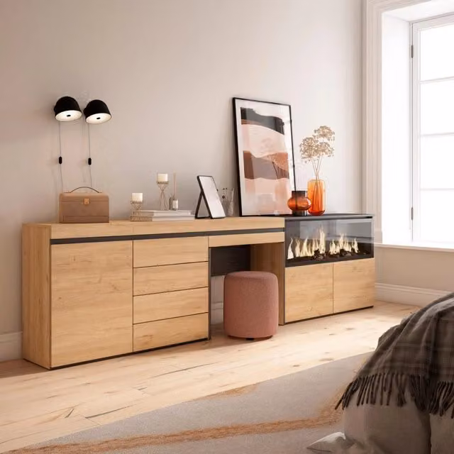 Tavolo da toeletta, 284x35x75cm, Con cassetto, Camino elettrico XXL, Cassettiera, colore Rovere RF3482
