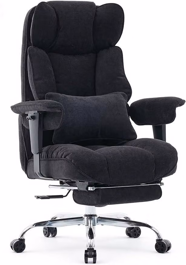 Sedia da ufficio, sedia imbottita in tessuto, ergonomica con poggiapiedi, comoda, con supporto lombare e cuscino per la nuca, resistente fino a 200 kg, sedia da scrivania regolabile in altezza