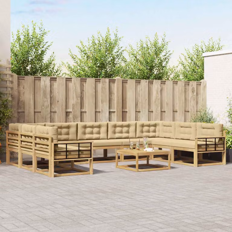 Set di divani da esterno vidaXL 10 pezzi in legno di acacia con cuscini Bianco e Beige