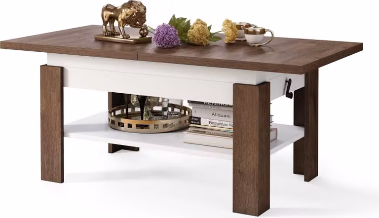 Tavolino All4All modello Rino, tavolino da caffè, tavolino per il soggiorno con vano portaoggetti, tavolino da divano, estendibile fino a 170 cm, con altezza regolabile, dimensioni 130x65 cm, finitura: noce marrone e bianco