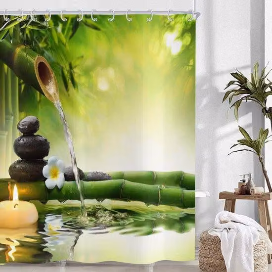 Tenda da doccia in stile tropicale, 180x180 cm, bambù verde, pietra nera, fiori bianchi, tenda per la meditazione e il relax in poliestere impermeabile, lavabile, con ganci.