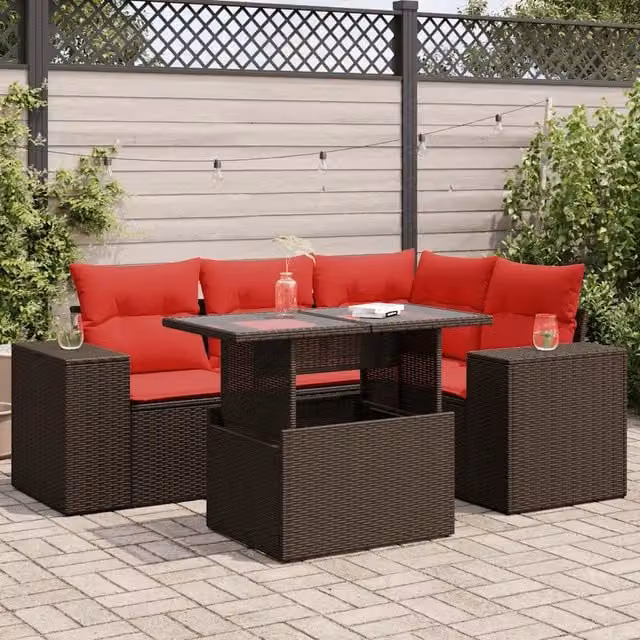 Set Divano da Giardino 5 pz Cuscini Marrone Polyrattan e Acacia 3326795