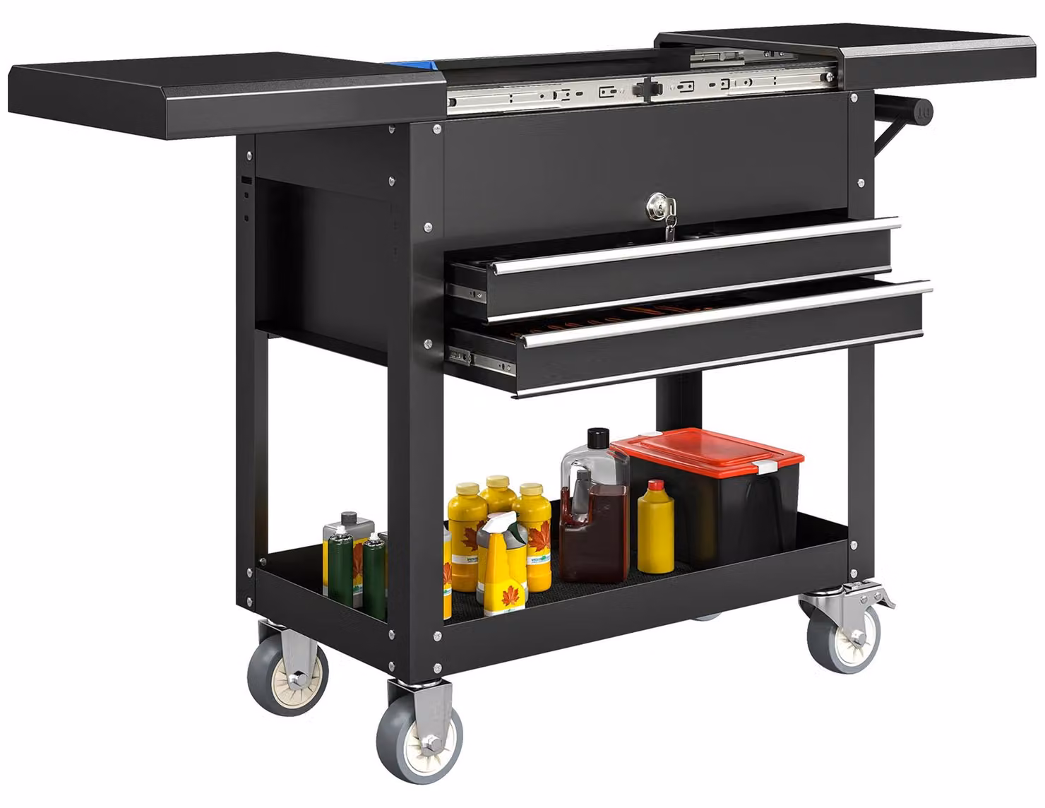 Carrello da officina - Carrello per utensili - Vuoto - 2 cassetti - Coperchio scorrevole con serratura - Piano di appoggio e tappetini in EVA - Struttura in acciaio con ruote - Maniglia nera