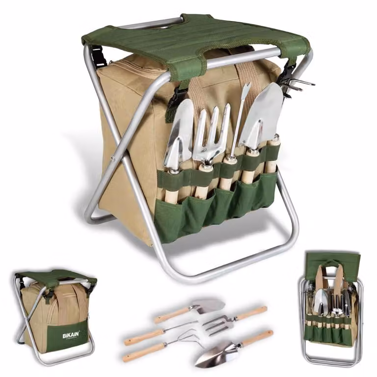 Sedia pieghevole da giardino con 5 utensili, manici in legno, capacità di carico fino a 100 kg