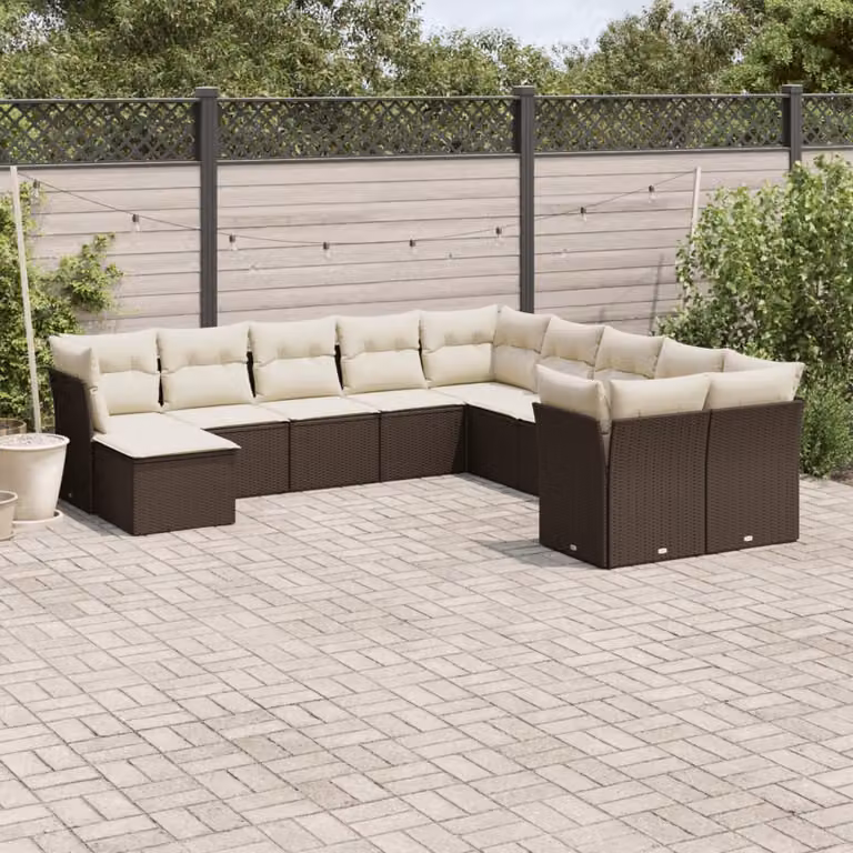 vidaXL Set Divani da Giardino 11 pz a Forma a U in Polyrattan Marrone e Bianco con Cuscini Imbottiti e Coperture Rimovibili