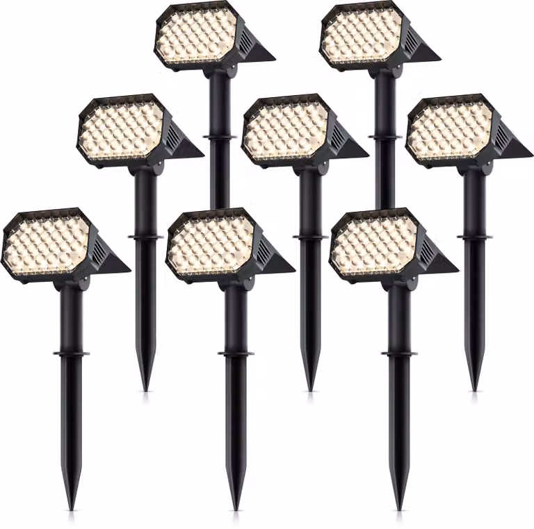 Lampada da giardino a LED solare, con picchetto da terra, illuminazione esterna solare, applique, set da 8, batteria, 1800 mAh, 2 livelli di luminosità, 3000 K, grado di protezione IP65, resistente alle intemperie, orientabile