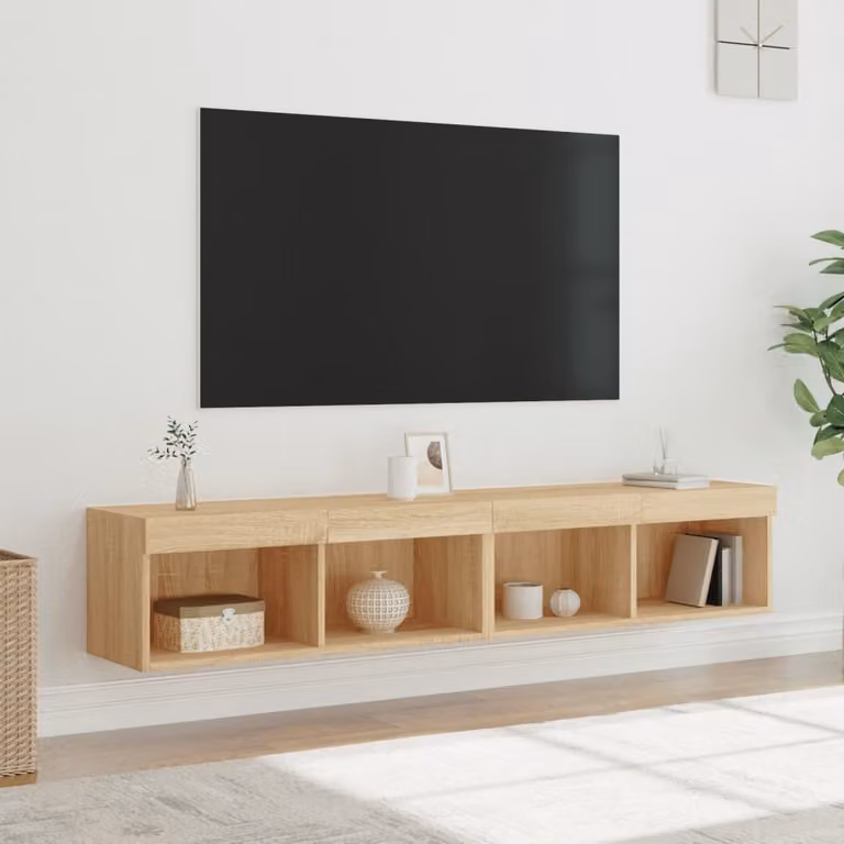 Set di 2 mobili TV sospesi vidaXL con luci LED integrate in finitura rovere e beige, design moderno per soggiorno, L 80 x P 30 x H 30 cm