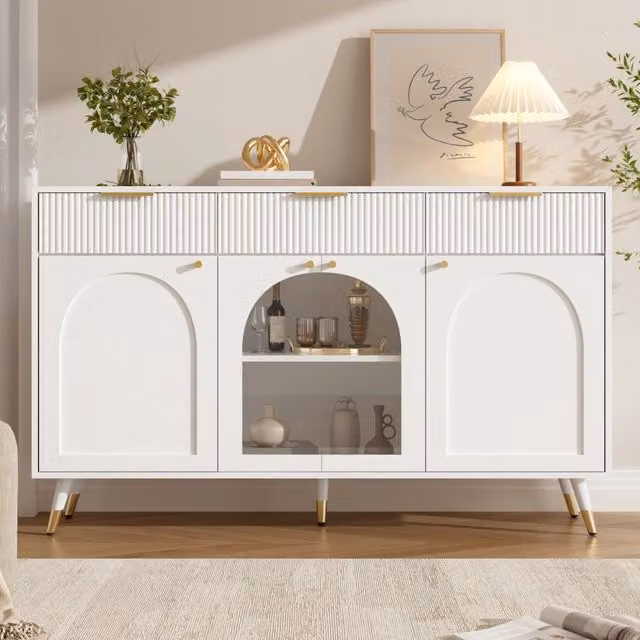 Credenza 140 x 40 x 85;5 cm; 4 ante trasparenti in acrilico; per la casa moderna; pratico; maniglie in metallo; piedini in legno; bianco