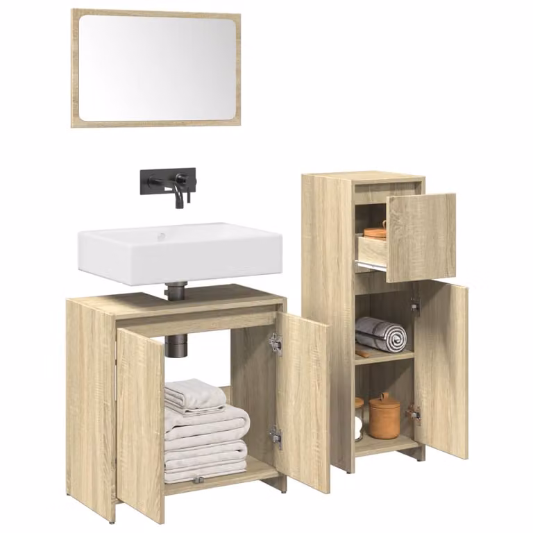 Set di mobili da bagno moderno vidaXL in 3 pezzi color marrone con armadietto a specchio e mobile lavabo in legno e vetro