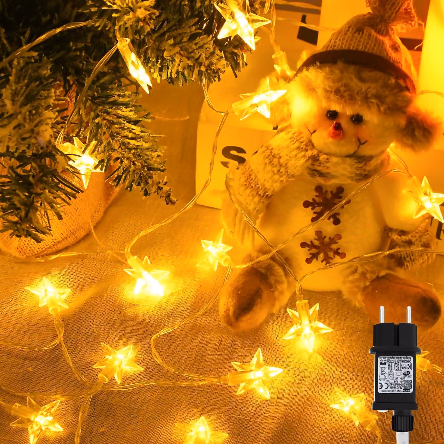 Catena luminosa con stelle, 15 metri, 100 LED, luce bianco caldo, grado di protezione IP65, 8 modalità, timer
