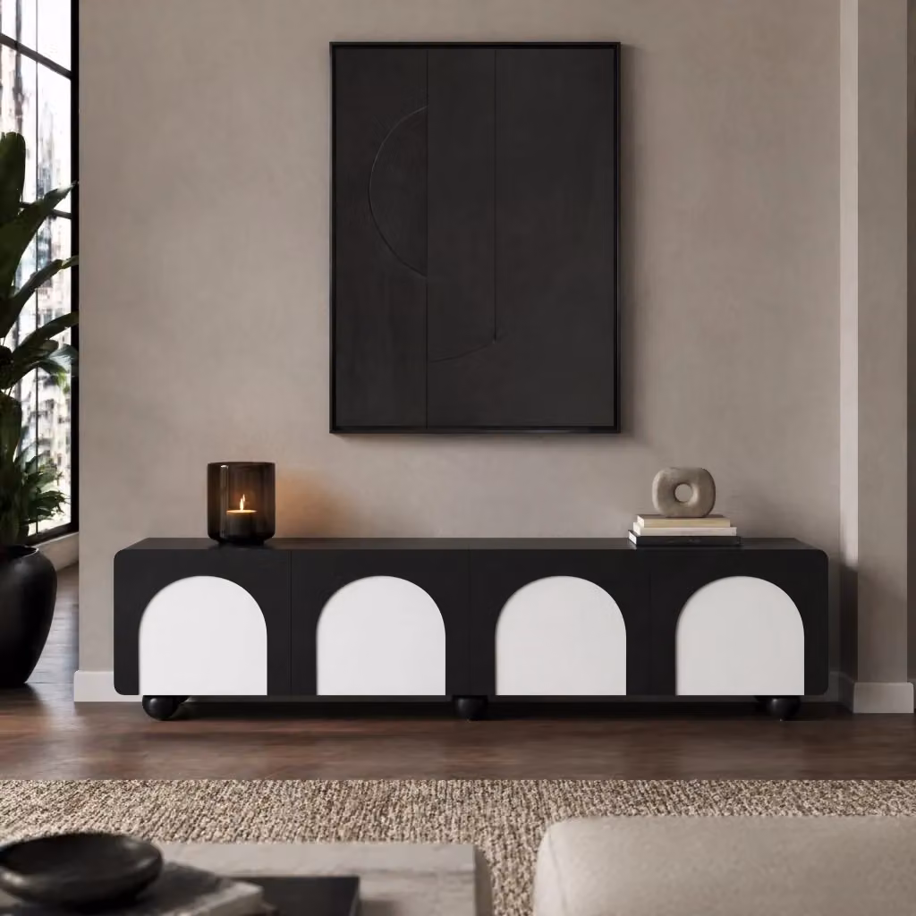Mobile TV basso moderno MODFU in MDF nero e bianco L/P/H: 180 x 38 x 45 cm – 2